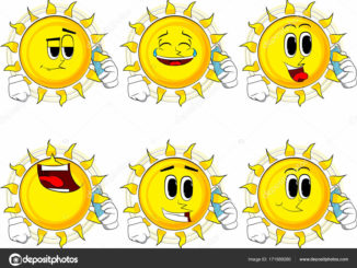 Cartoon sun talking on cell phone. Collection with happy faces. Expressions vector set.