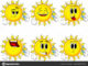 Cartoon sun talking on cell phone. Collection with happy faces. Expressions vector set.