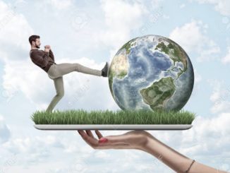 Side view of man in casual clothes kicking Earth globe, on top of digital tablet screen covered with green grass, held in woman's hand. Man and nature. Cause damage to environment. Masters of planet.